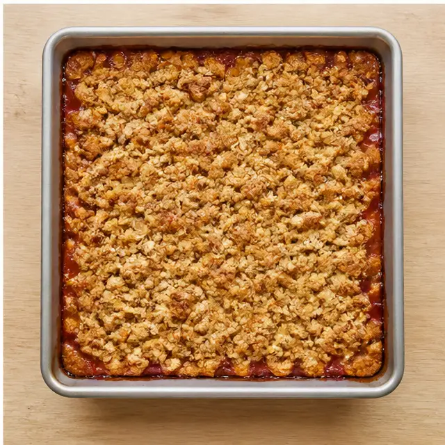 Step 4: Pulling fully baked golden peach crumb bars from the oven