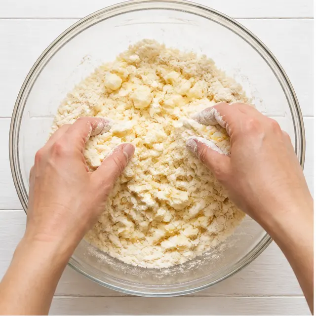 Rub cold butter into flour until the mixture looks like wet sand