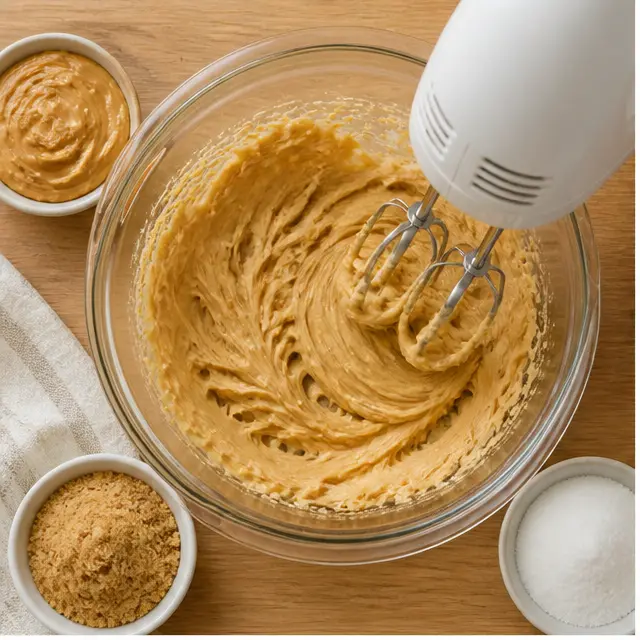 Step 1: Cream butter, peanut butter, and sugars until smooth