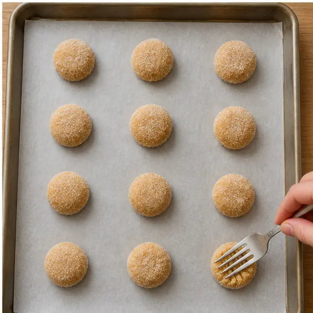 Step 4: Roll dough balls in sugar and press with a fork