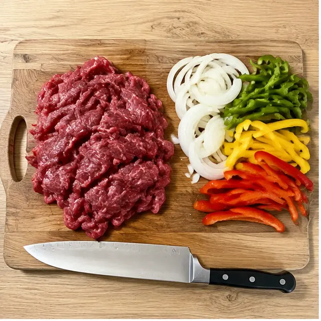 Step 1: Slice the steak and vegetables paper-thin.