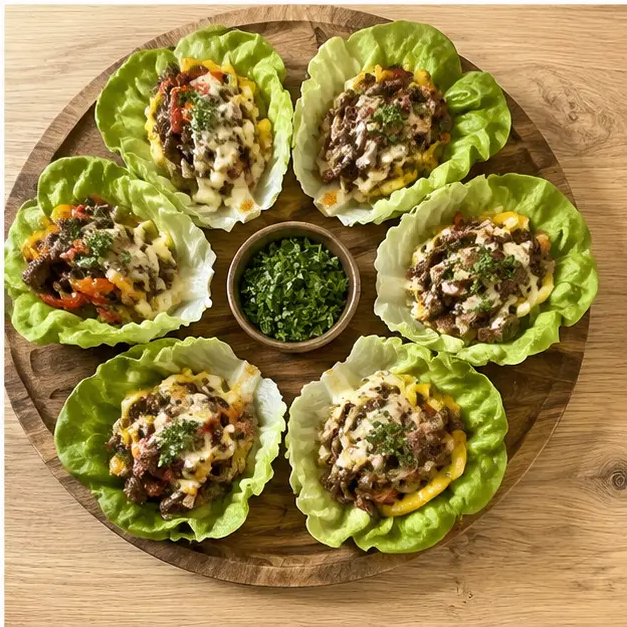 Step 4: Spoon filling into butter lettuce cups and garnish.