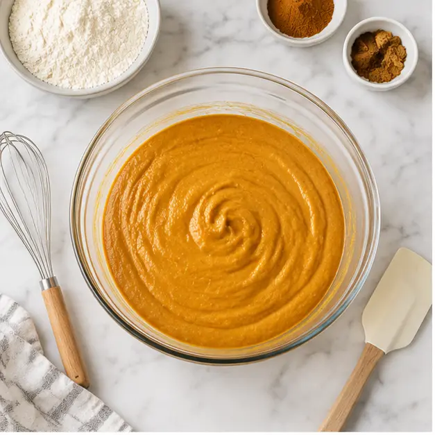 Step 1: Whisk together the dry ingredients and mix the pumpkin batter until glossy and smooth.
