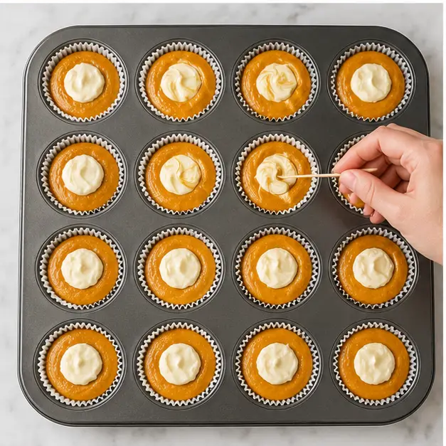 Step 3: Portion the batter into liners and swirl the cream cheese filling in a figure-eight pattern.