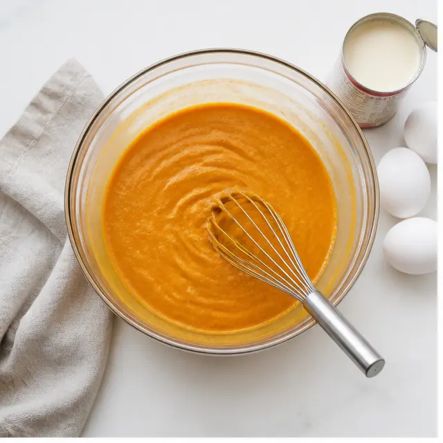 Whisk the canned pumpkin puree, evaporated milk, eggs, and sugars into a smooth batter