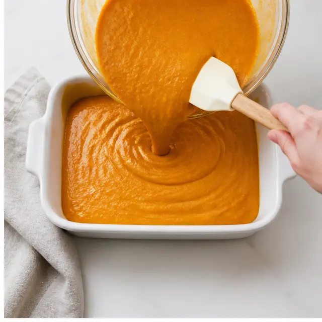 Spread the orange pumpkin mixture evenly into a greased white ceramic 9x13 baking dish