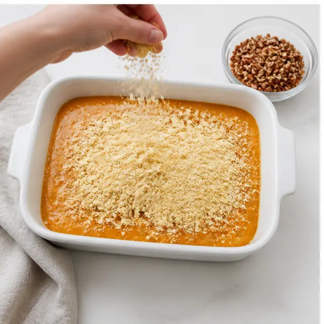 Sprinkle the dry spice cake mix and chopped pecans evenly over the pumpkin layer