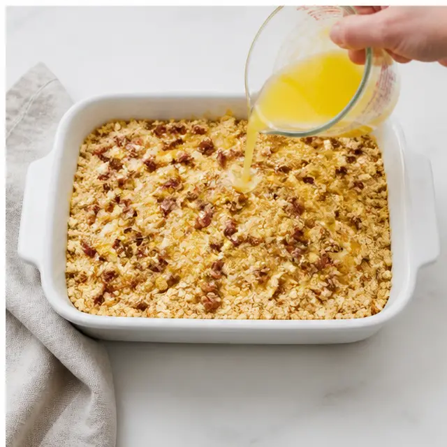 Drizzle melted butter across the entire cake mix surface until every spot is coated