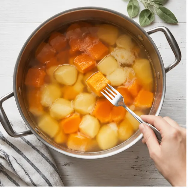 Step 1: Boil cubed pumpkin and starchy potatoes until fork-tender