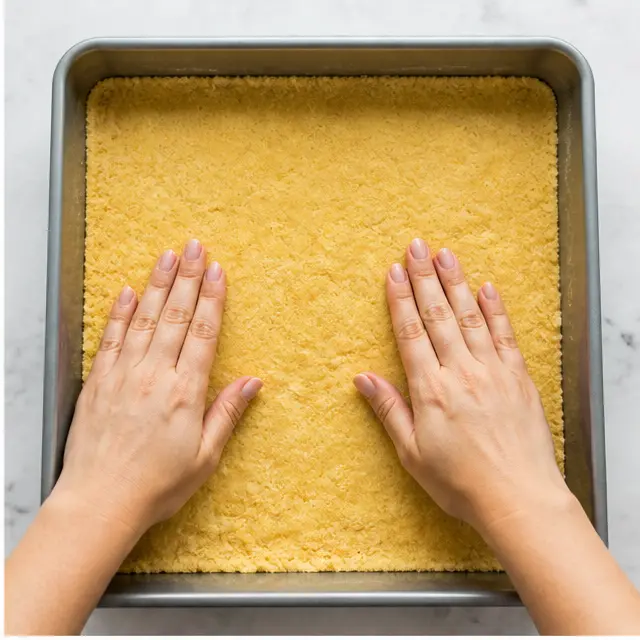 Stage 2: Pressing the crust into the 13x9 baking dish