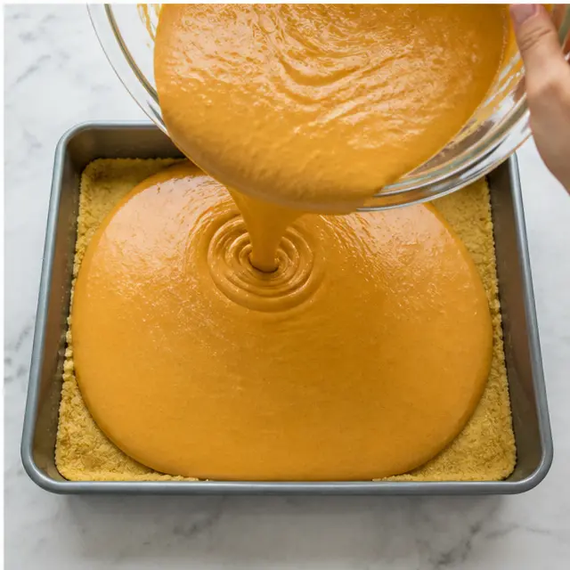 Stage 4: Pouring the filling over the crust before baking