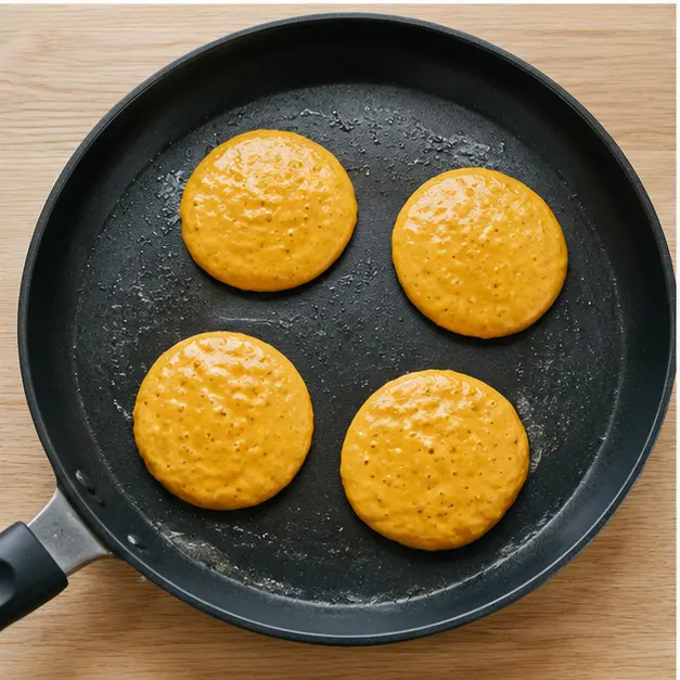 Spooning batter onto a greased hot griddle