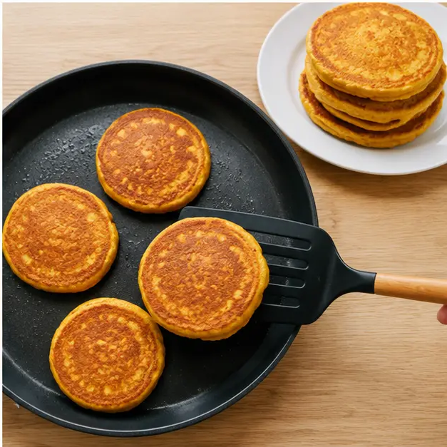 Flipping golden brown pancakes and stacking them