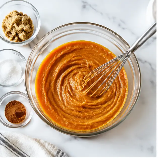 Step 1: Whisking pumpkin puree with both sugars and spice into a glossy orange filling
