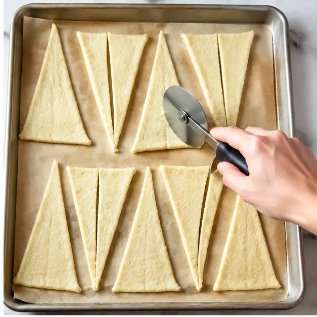 Step 2: Slicing crescent dough triangles lengthwise to make smaller triangles with a pizza cutter