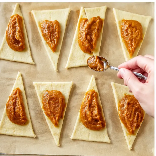 Step 3: Spreading one tablespoon of pumpkin filling onto each small dough triangle