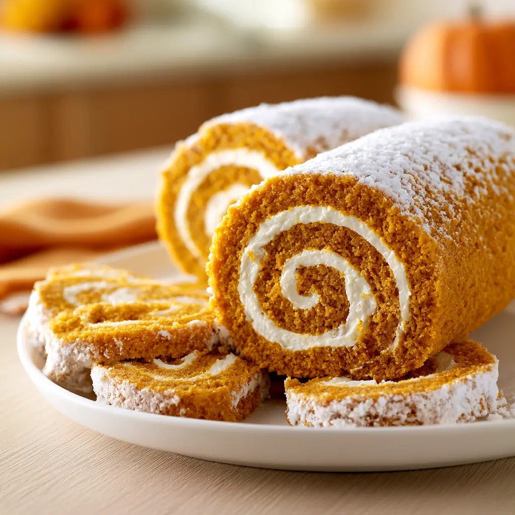 pumpkin roll with cream cheese filling - final presentation