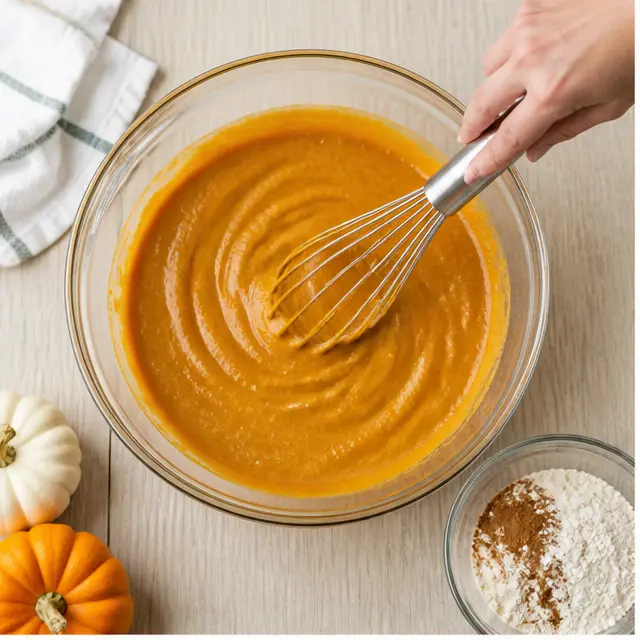 Whisking the orange pumpkin batter in a large glass bowl