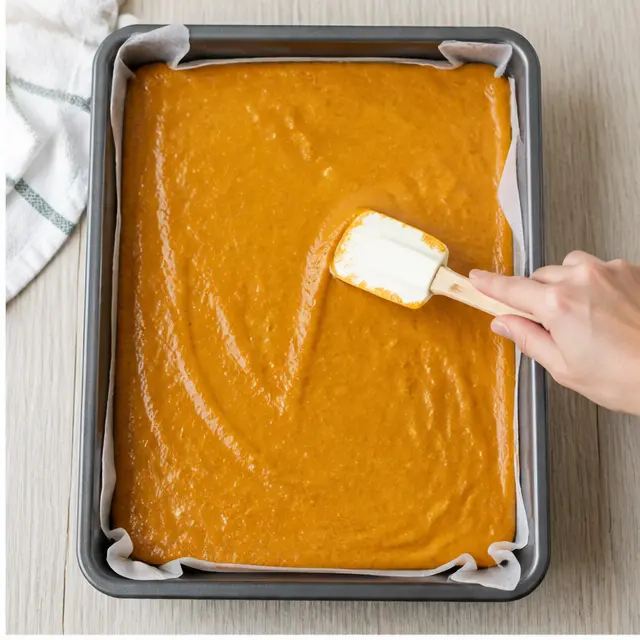 Pouring the batter into a parchment-lined rectangular baking pan
