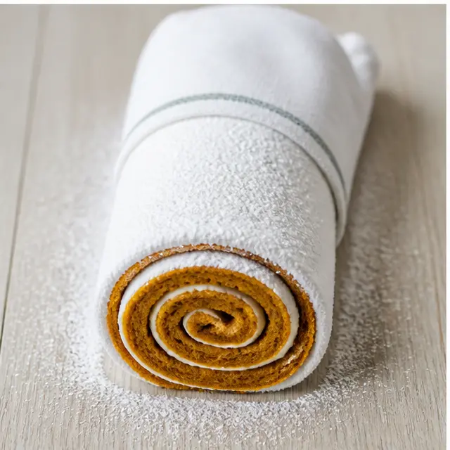 Rolling the warm baked cake inside a powdered sugar dusted white towel