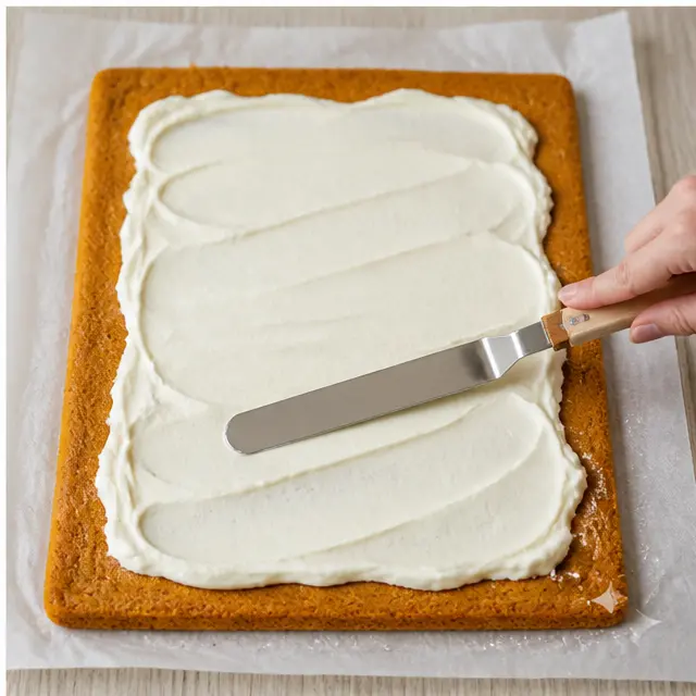 Spreading the white cream cheese filling over the unrolled flat cake