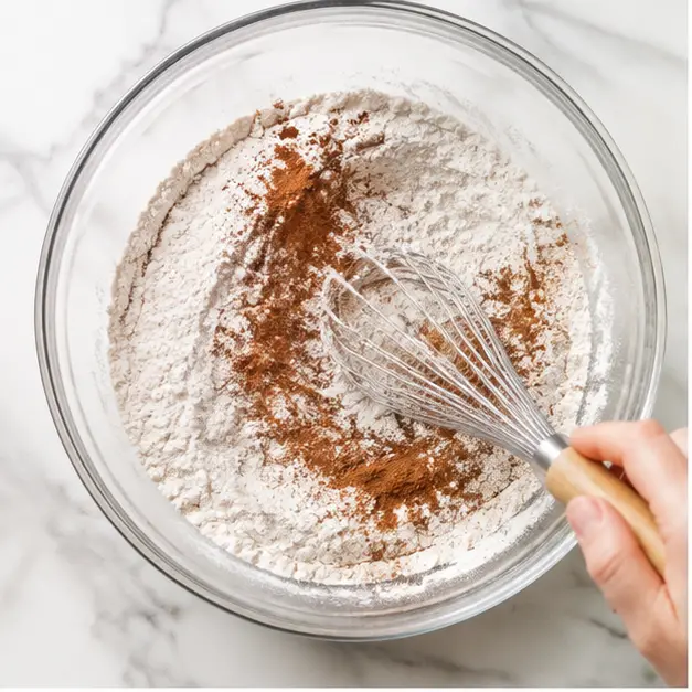 Step 1: Whisking dry ingredients together in a glass bowl