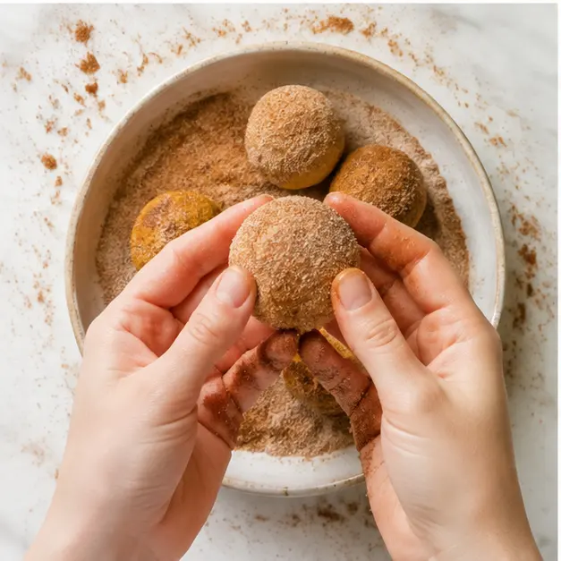 Step 3: Rolling pumpkin cookie dough balls in cinnamon sugar coating