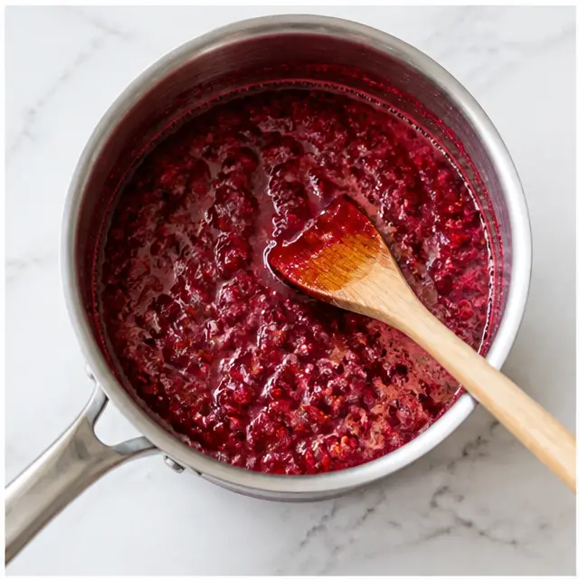 Cooking fresh raspberries with sugar and Meyer lemon into a magenta puree