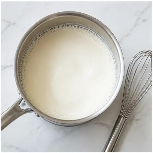 Warming heavy cream with champagne to a gentle shimmer