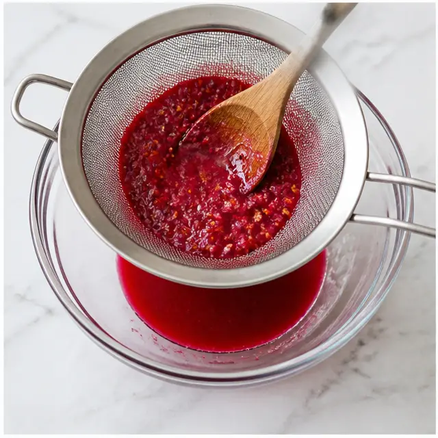 Straining the raspberry puree through a fine mesh sieve