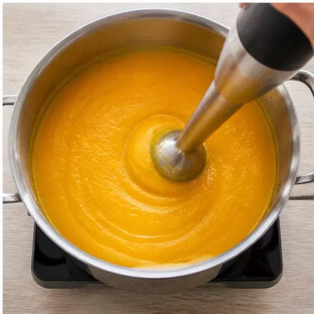 Pureeing the soup with an immersion blender until velvety smooth and glossy