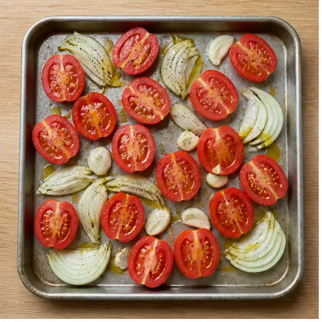 Step 1: Toss ripe tomatoes with onion and garlic on a baking sheet