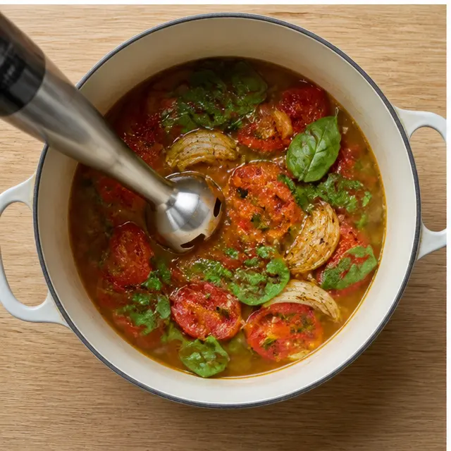 Step 3: Combine roasted vegetables with hot broth and fresh basil