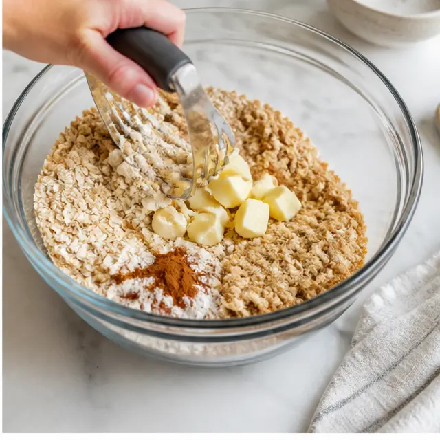 Step 2: Cutting softened butter into the dry oat mixture