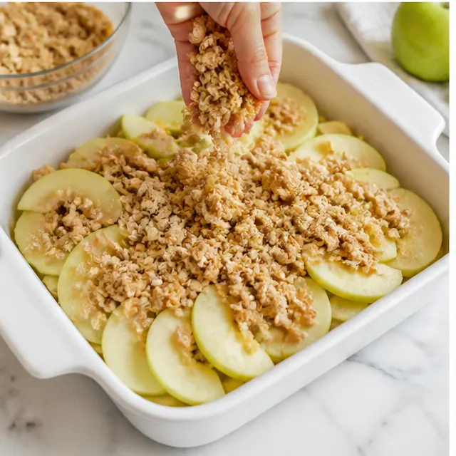 Step 3: Sprinkling golden oat streusel over the apple filling