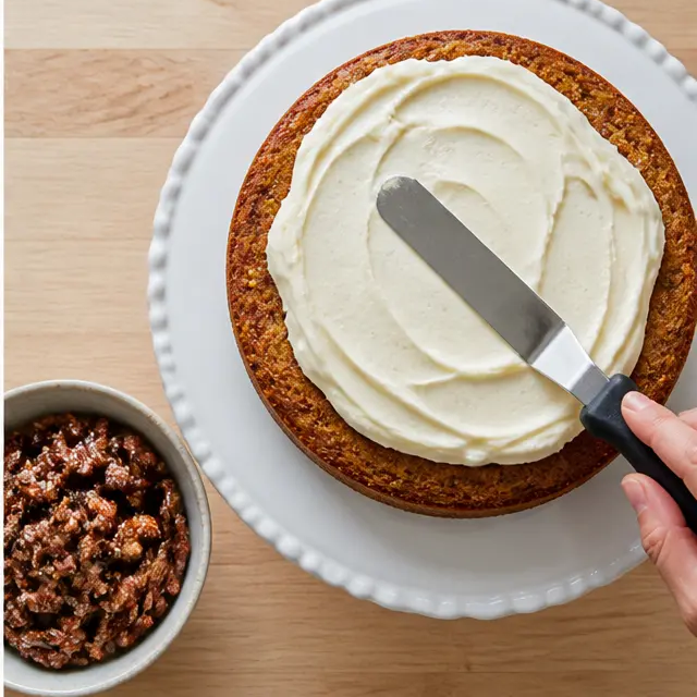 Step 4: Assemble with frosting and pecans
