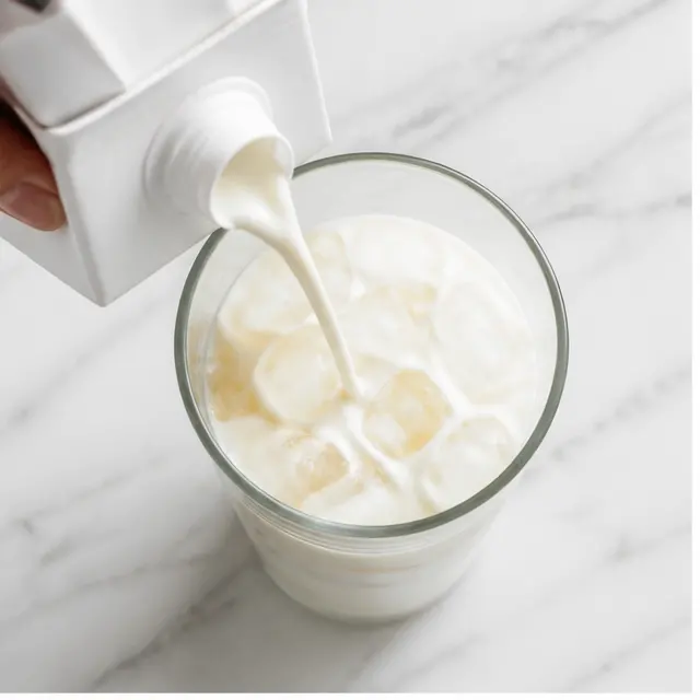 Step 1: Fill a tall glass with ice cubes and pour cold milk over them