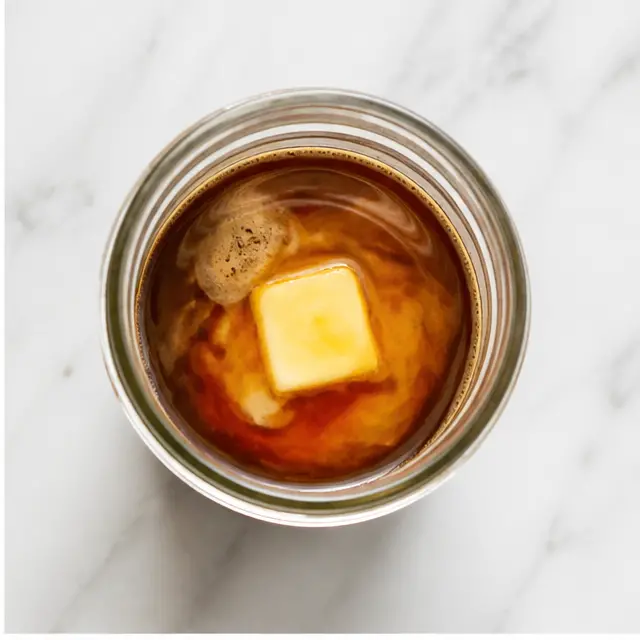Step 2: Combine hot espresso, maple syrup, butter, and a pinch of salt in a deep jar