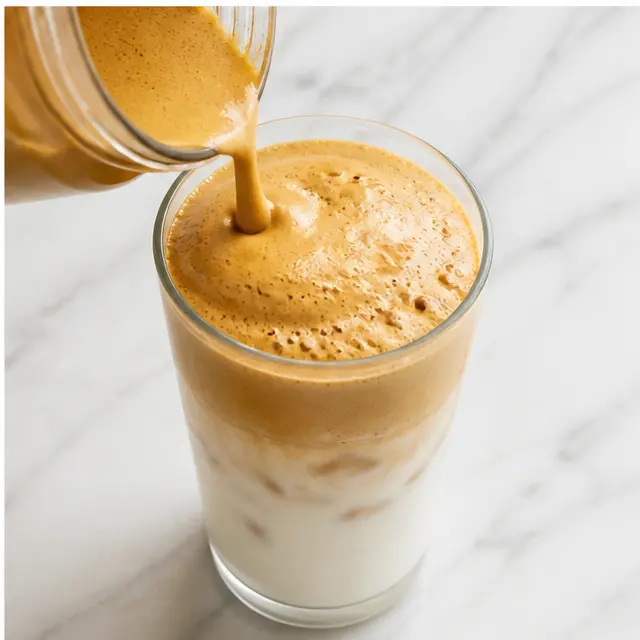 Step 4: Slowly pour the frothed coffee over the milk and ice and serve immediately