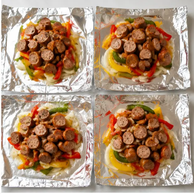Divide the mixture among foil sheets and add sausage
