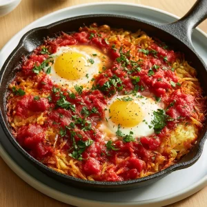 shakshuka with crispy hash browns 129967427