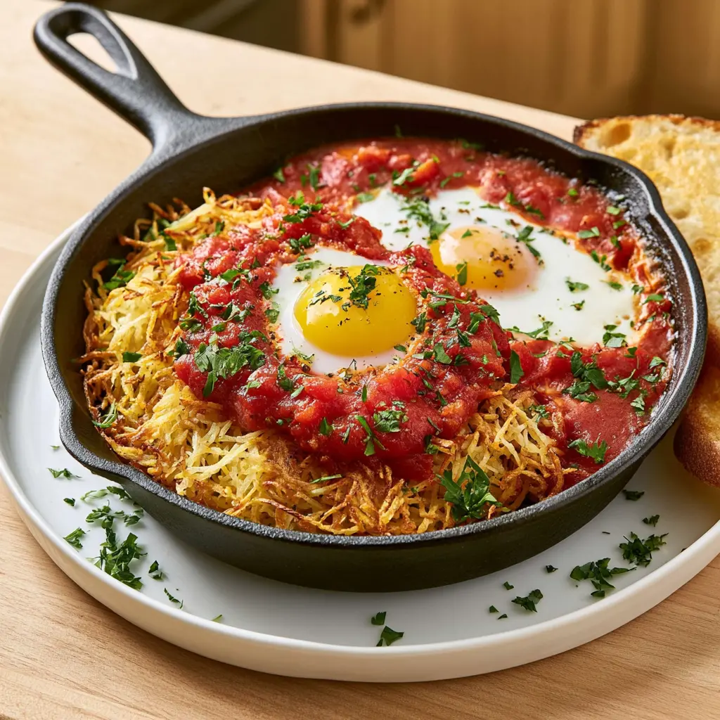 shakshuka with crispy hash browns - final presentation