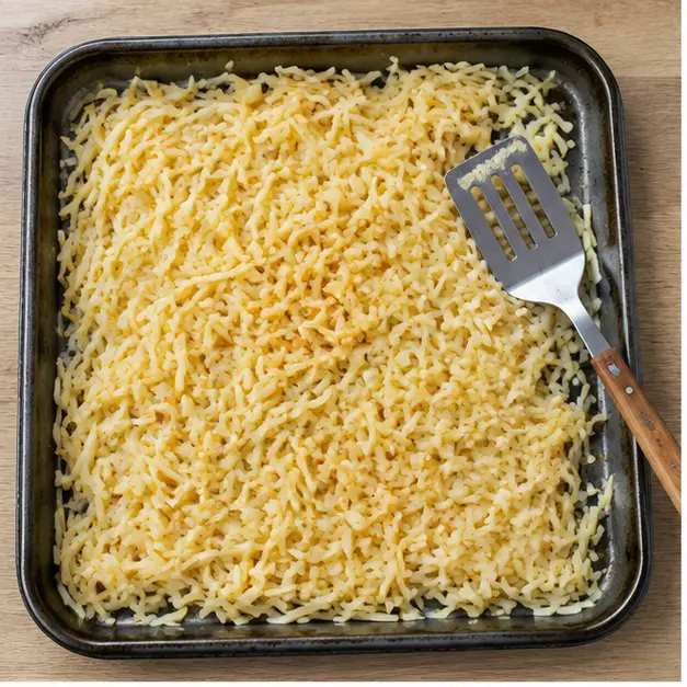 Step 1: Roasting the frozen shredded hash browns on a baking sheet until golden and crisp.