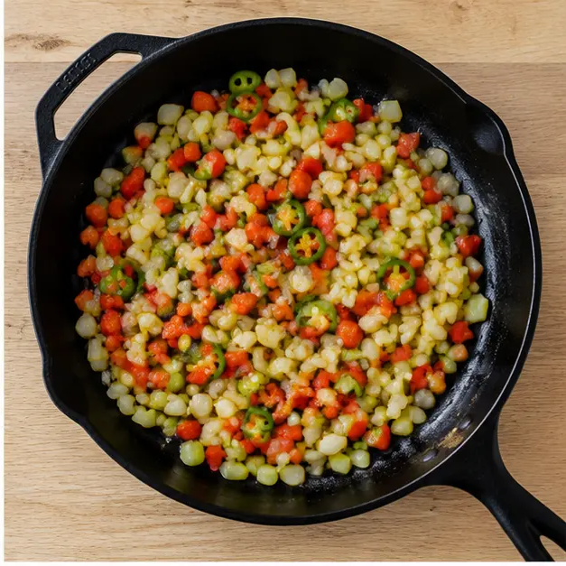 Step 2: Sautéing the onion, bell pepper, jalapeños, and celery in olive oil until softened.
