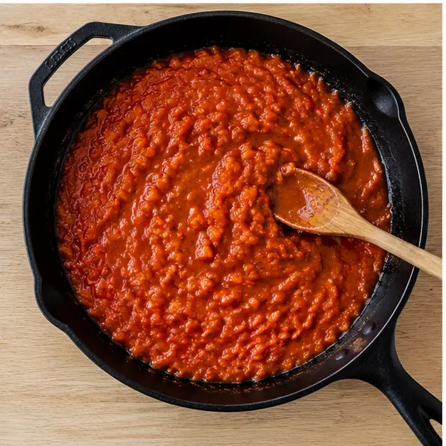 Step 3: Simmering the fire-roasted tomatoes and spices into a thick, rich sauce.
