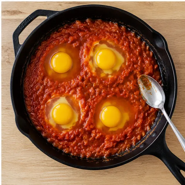 Step 4: Creating wells in the sauce and cracking fresh eggs into them before baking.