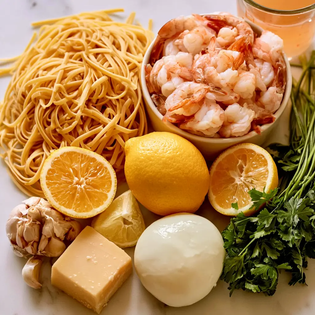 shrimp scampi pasta bake - main ingredients