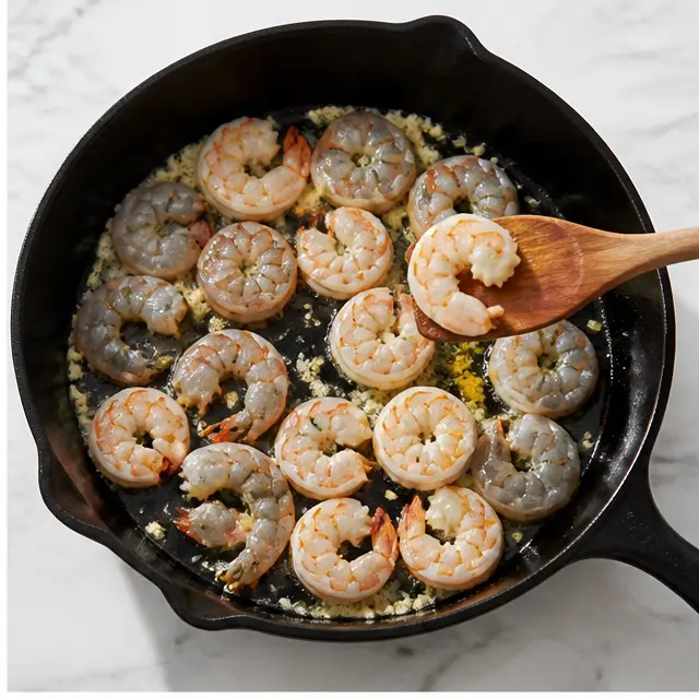 Searing the shrimp with garlic and butter until pink
