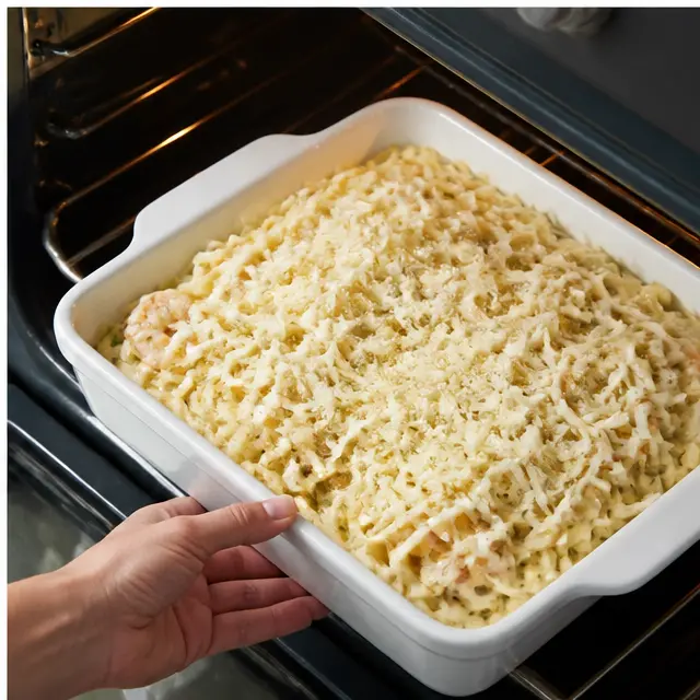 Baking the assembled casserole until golden and bubbly
