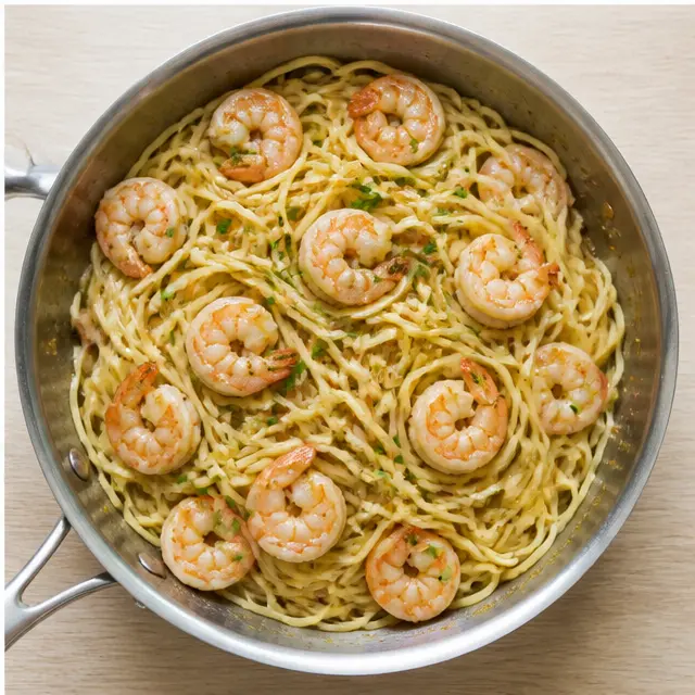 Tossing linguine and shrimp in the garlic-lemon sauce